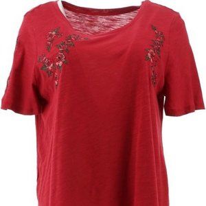 NWT DG2 BY DIANE GILMAN FLORAL EMBROIDERED SHORT SLEEVE TEE RED XS